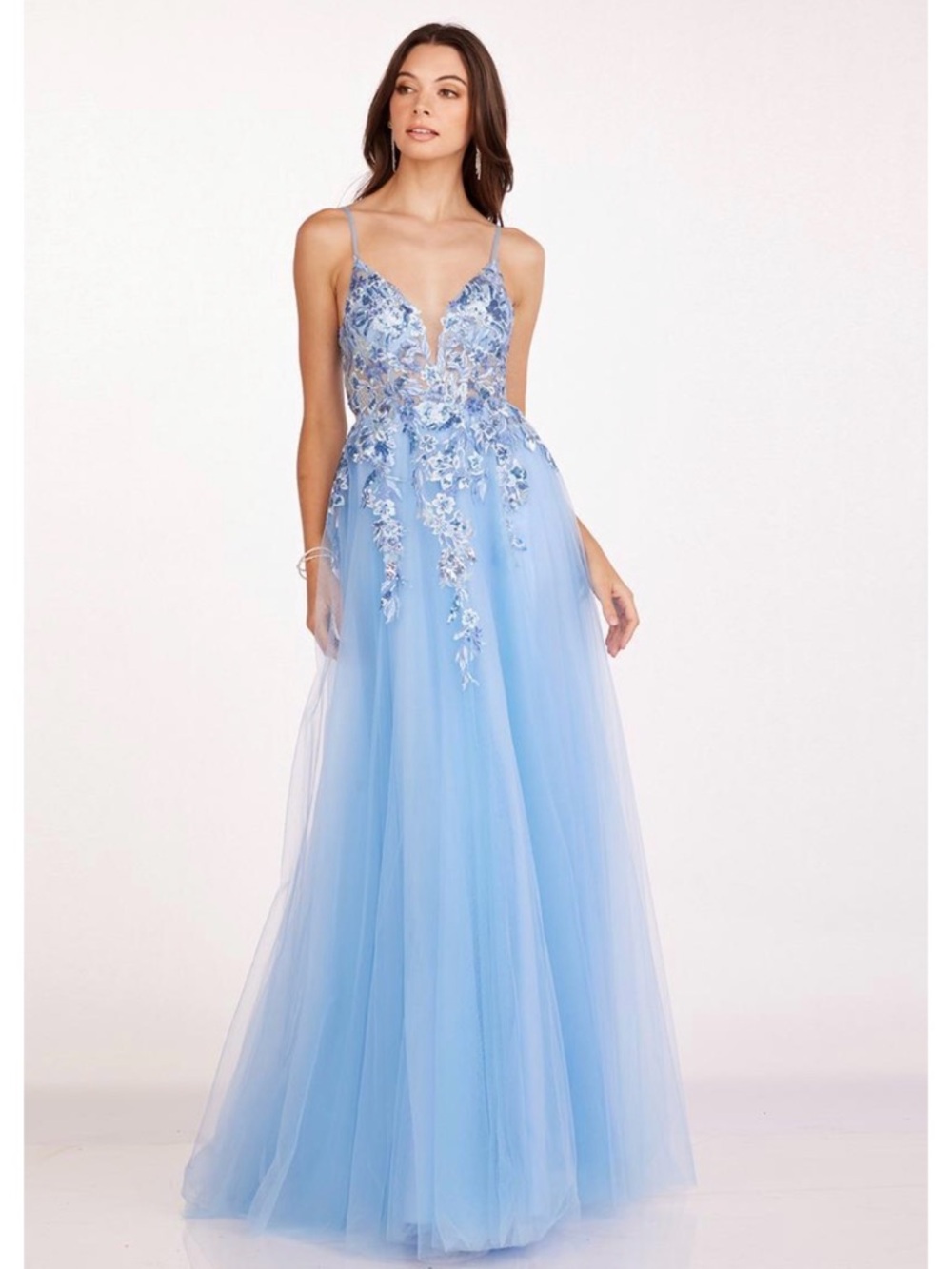 Abby Paris Periwinkle Embroidered Tulle Prom Gown with Plunge V-Neck size 4